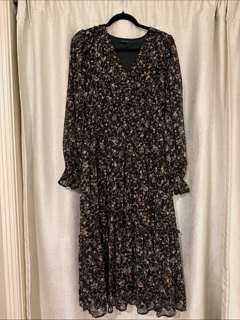 Black Floral Long-Sleeve Tiered Maxi Dress